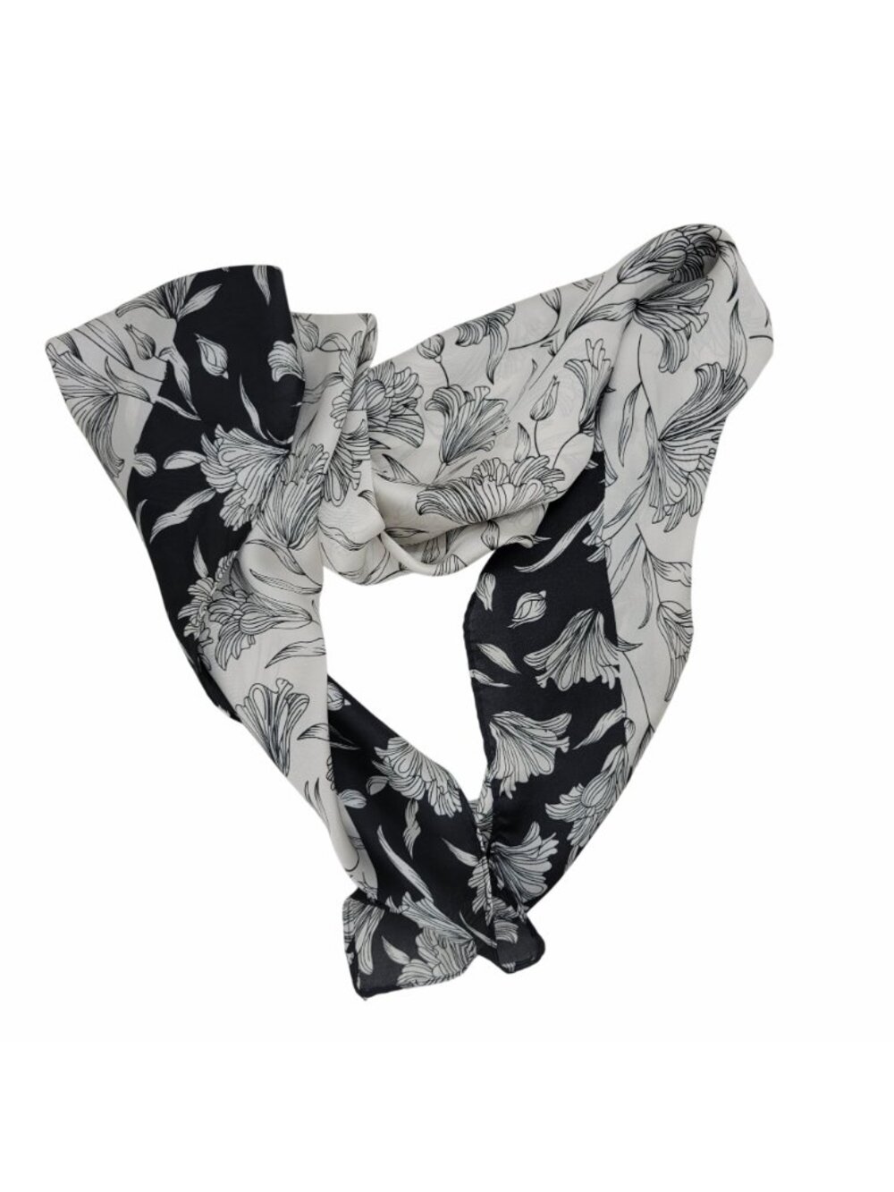 ✨Elegant Bandana Square Scarf Silky Satin Soft BLACK WHITE Floral Garden hijab - Picture 3 of 7